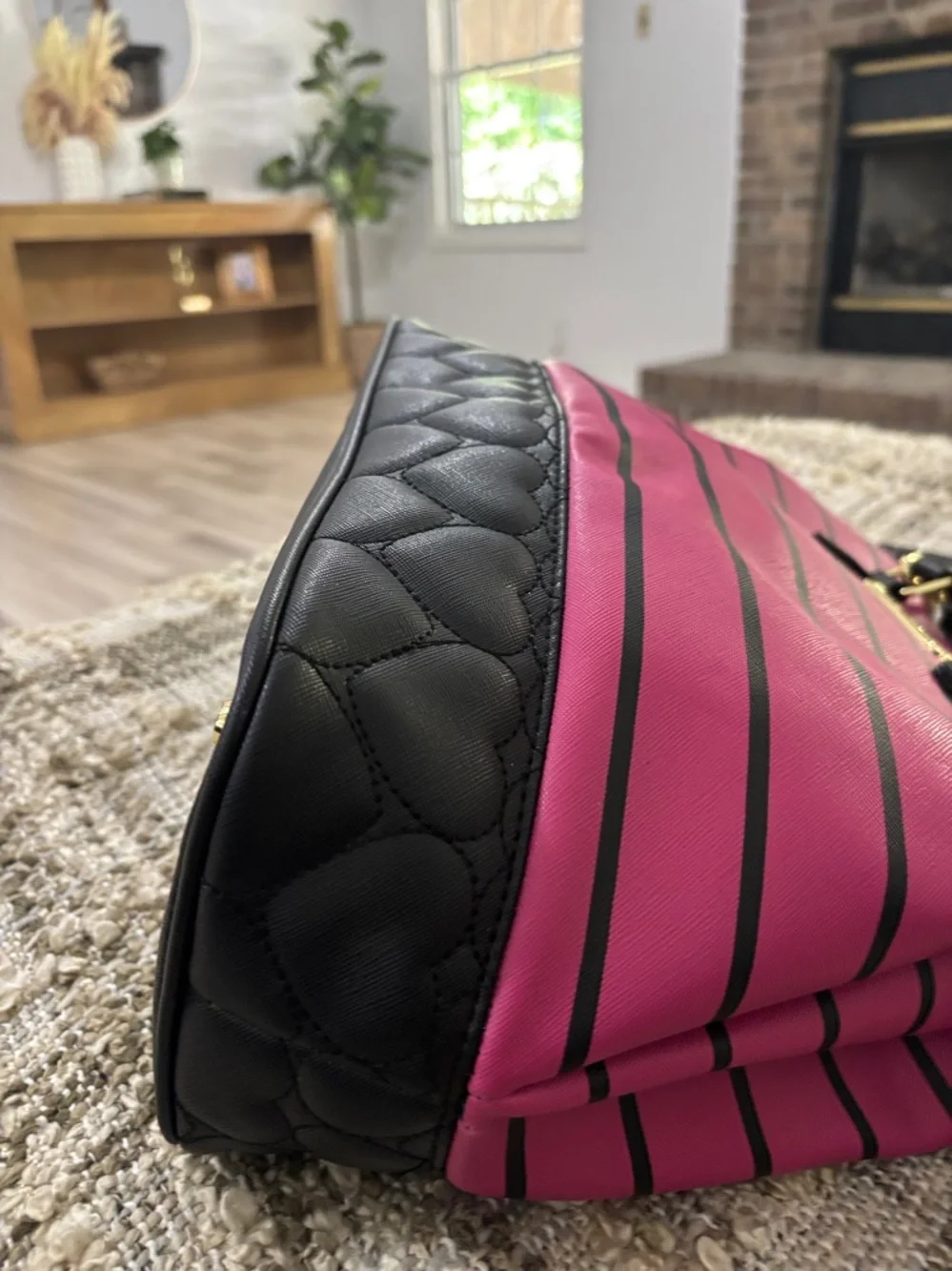Betsey Johnson Pink and Black Striped‎ Satchel with Bow Charm Shoulder Bag NWOT
